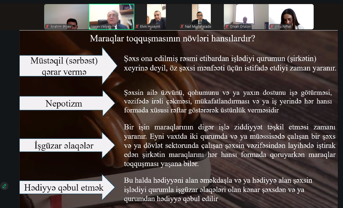 DİA-nın təşkilatçılığı ilə Naxçıvan Muxtar Respublikasının mərkəzi icra hakimiyyəti orqanlarında fəaliyyət göstərən dövlət qulluqçuları üçün “Dövlət İdarəçiliyində maraqlar toqquşması və antikorrupsiya siyasəti” mövzusunda təlim keçirilib.