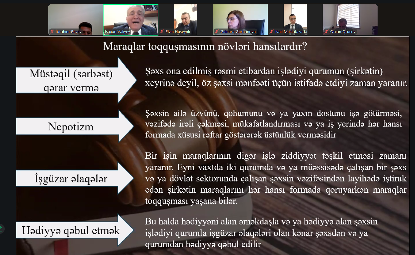 DİA-nın təşkilatçılığı ilə Naxçıvan Muxtar Respublikasının mərkəzi icra hakimiyyəti orqanlarında fəaliyyət göstərən dövlət qulluqçuları üçün “Dövlət İdarəçiliyində maraqlar toqquşması və antikorrupsiya siyasəti” mövzusunda təlim keçirilib.