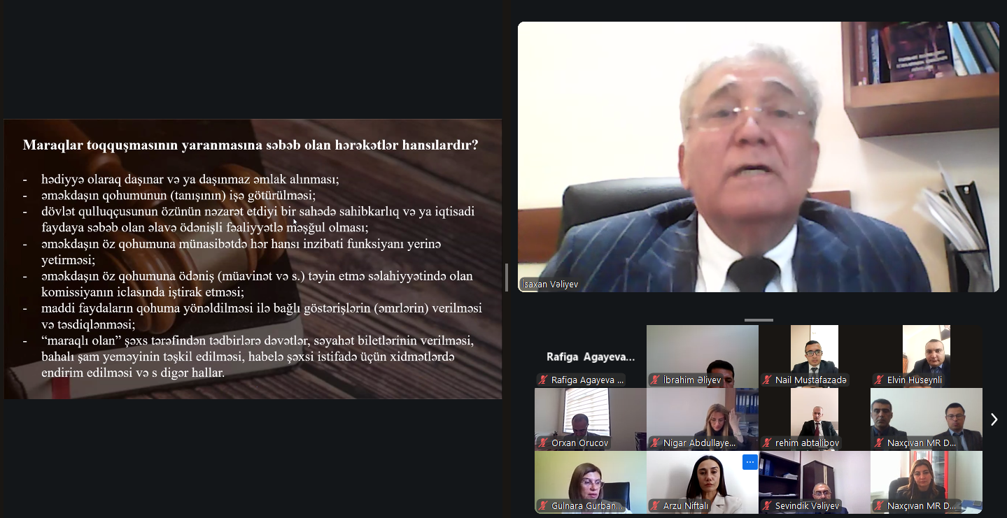 DİA-nın təşkilatçılığı ilə Naxçıvan Muxtar Respublikasının mərkəzi icra hakimiyyəti orqanlarında fəaliyyət göstərən dövlət qulluqçuları üçün “Dövlət İdarəçiliyində maraqlar toqquşması və antikorrupsiya siyasəti” mövzusunda təlim keçirilib.