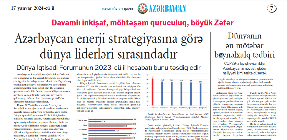 Azərbaycan enerji strategiyasına görə dünya liderləri sırasındadır
