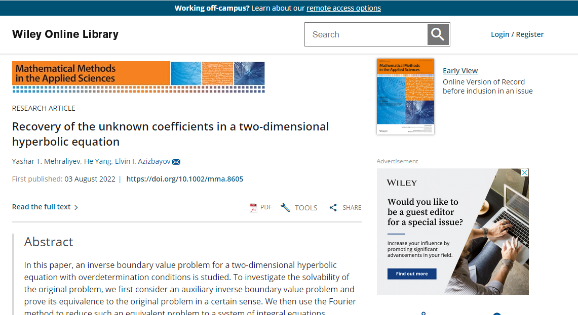Akademiya əməkdaşının məqaləsi Q1 kateqoriyalı jurnalda dərc olunub